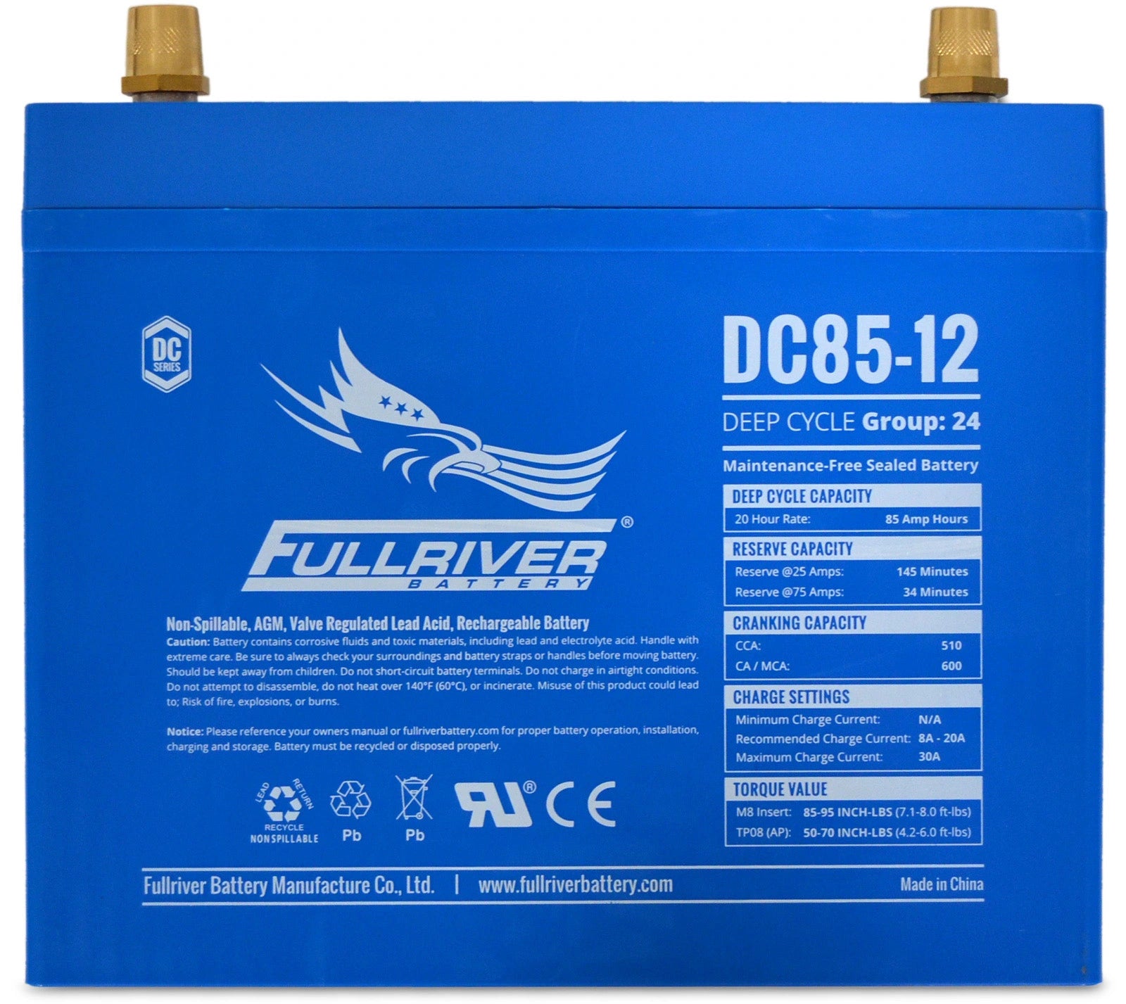 Fullriver Sealed AGM Battery, 12V 85 Ah Group 24, DC85-12