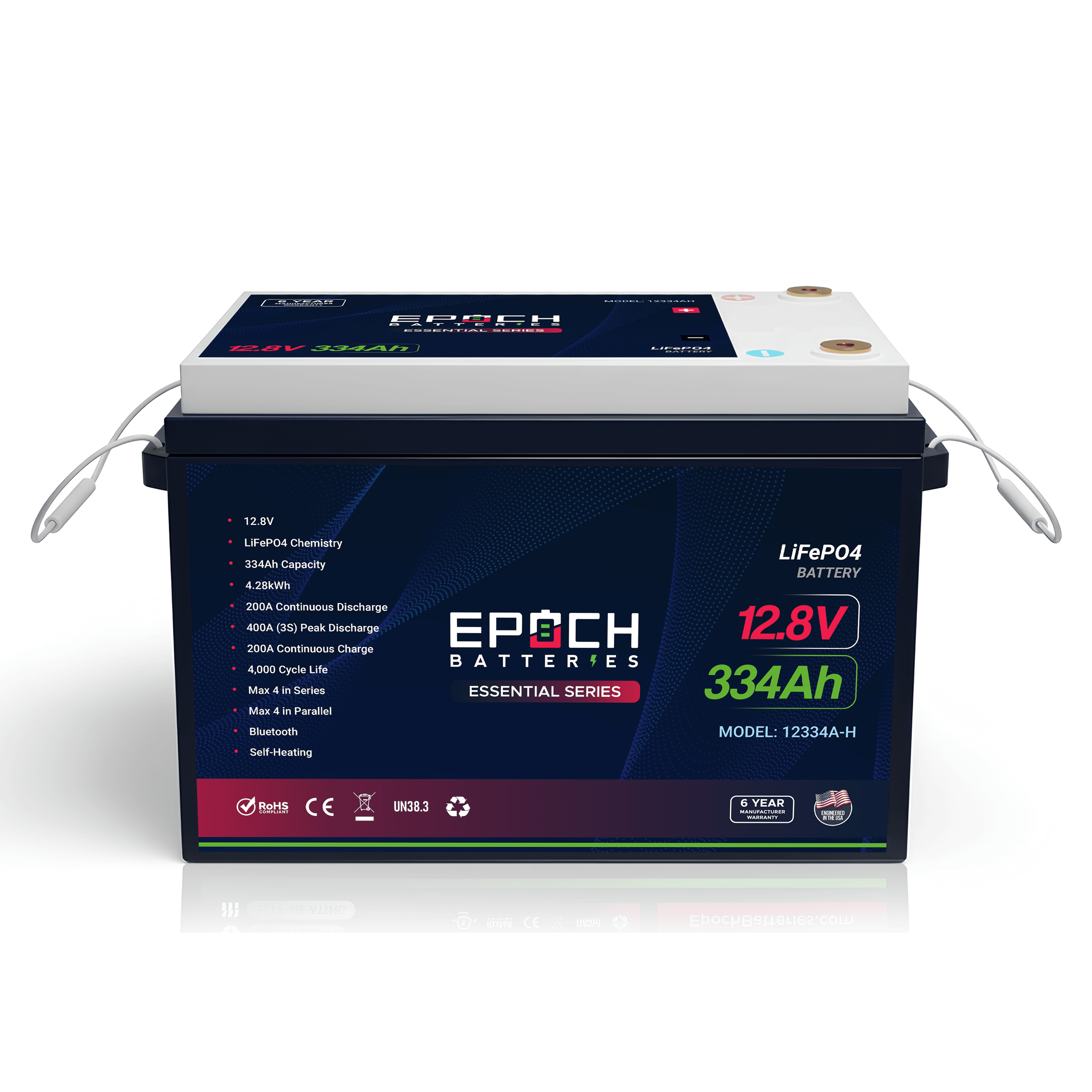 Epoch Batteries 12V 334Ah 4.28kWh Essential Series LiFePO4 Battery – Heated Bluetooth Deep Cycle | IP54 | 12334A-H