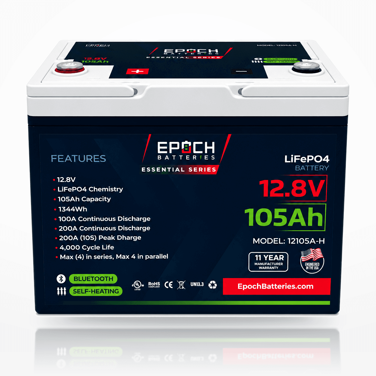 Epoch Batteries 12V 105Ah 1.34kWh Essential Series LiFePO4 Battery – Heated Bluetooth Deep Cycle 12105A-H | Group 24