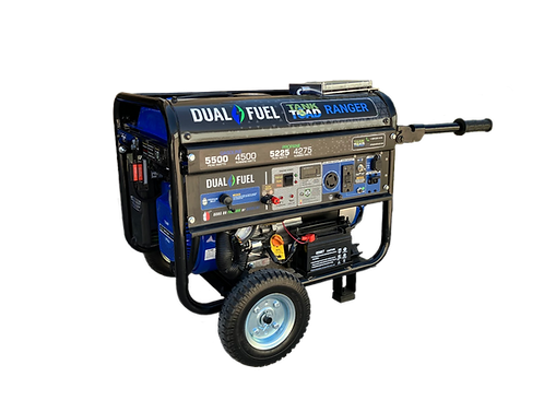 A portable dual-fuel generator with a black and blue frame, 120v or 240V power and 2-wire start