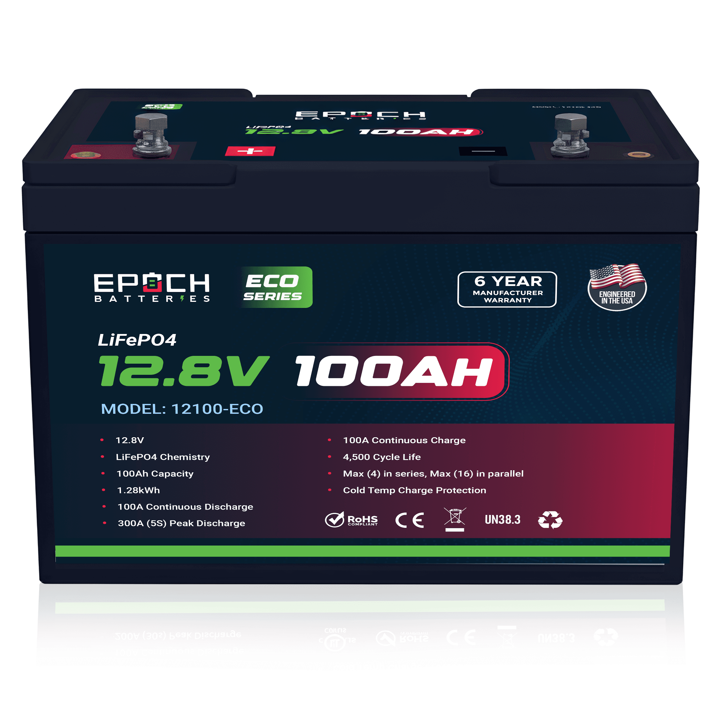Epoch Batteries 12V 100Ah 1.28kWh Eco Series LiFePO4 Battery | Group 24 Drop-In