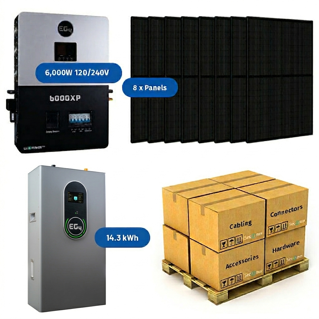 3.52kW EG4 Off-Grid Solar Power System - 6,000W 120/240V Inverter + 14.3kWh WallMount LiFePO4 Battery + 8 x 440W Bifacial Solar Panels