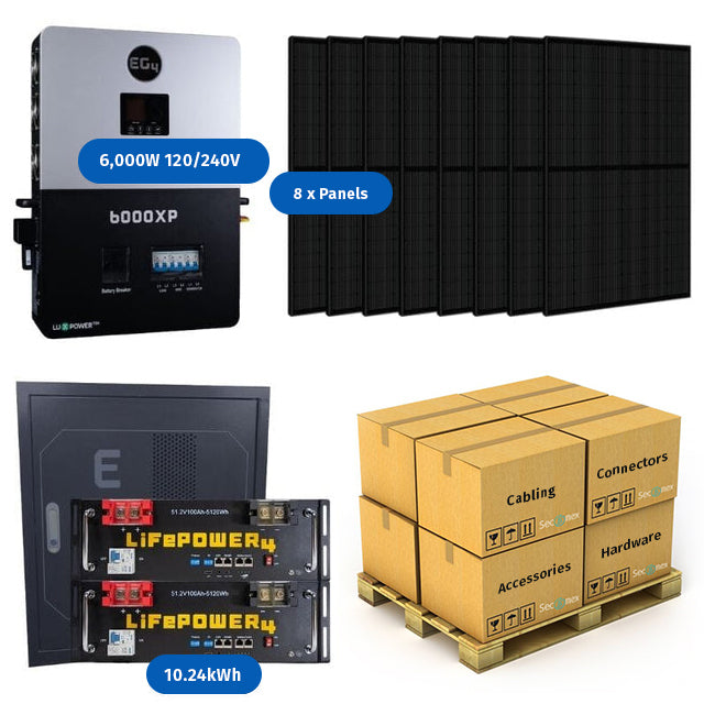 3.24kW EG4 Off-Grid Solar Power System - 6,000W 120/240V Inverter [10.24kWh Lithium Battery Bank] + 8 x 405W Bifacial Solar Panels